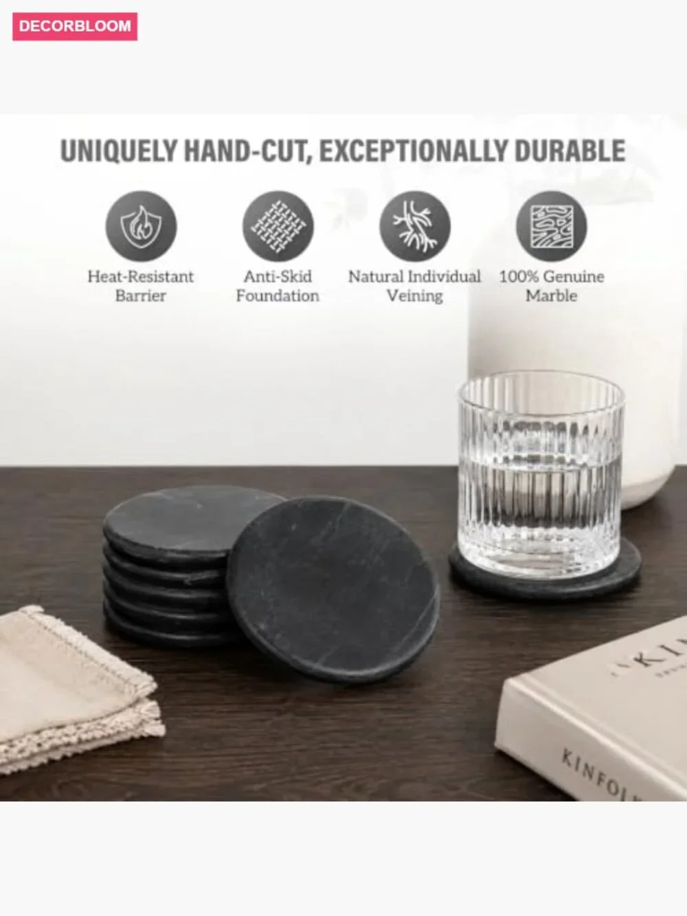 Set of 6 Handcrafted Marble Coasters for Kitchen, Wine Glasses, Mugs & Beer